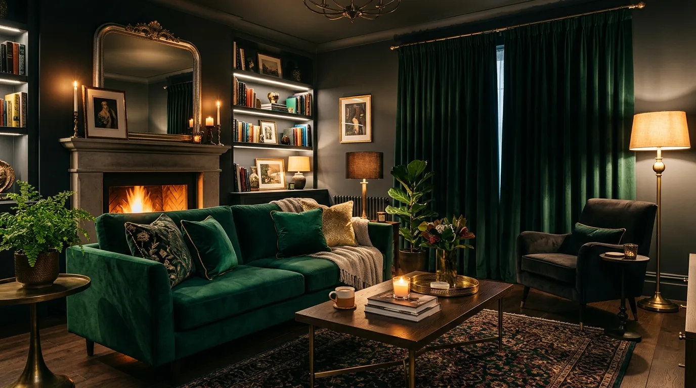 Use wood to keep the darker palette feeling warm inspiration for a moody living room.